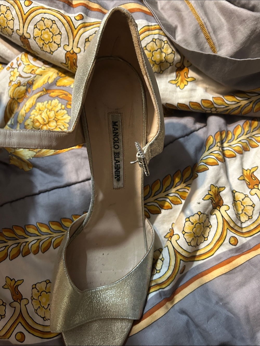Manolo Blahnik Metallic Gold Peep-Toe Ankle-Strap Pump